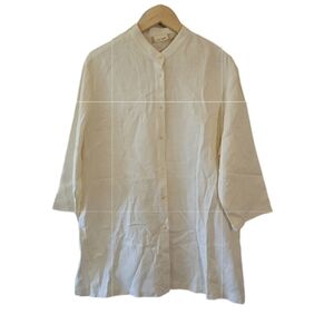 GO LINEN Women White High-Neck Button-Up Tunic Sz XL 3/4 Sleeve Lagenlook Beachy